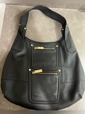 🌸KOOBA (Like NEW) Leather Hobo Large Shoulder Bag Purse Black Gold Zip Pockets